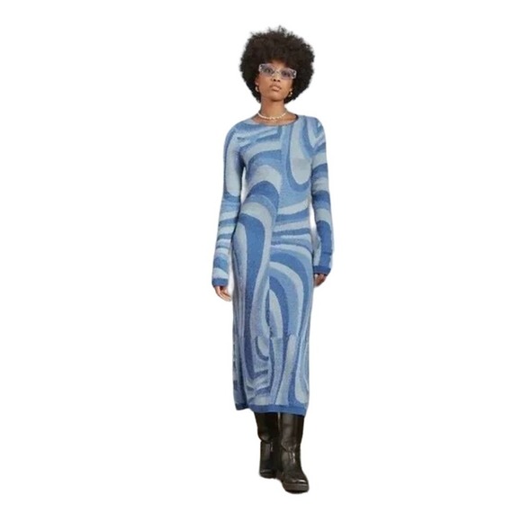 NWT House of Sunny Wave Sweater Blue Moon Dress Cut out Back Long Sleeve Blue 8 - Picture 1 of 16